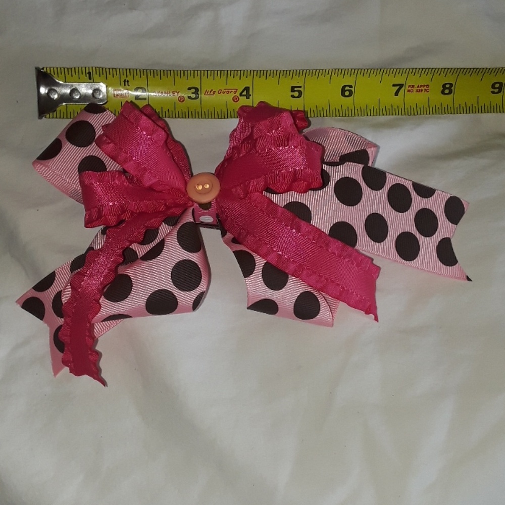 ** Handmade HAIRBOW Pink Ruffle & Brown Polka dots